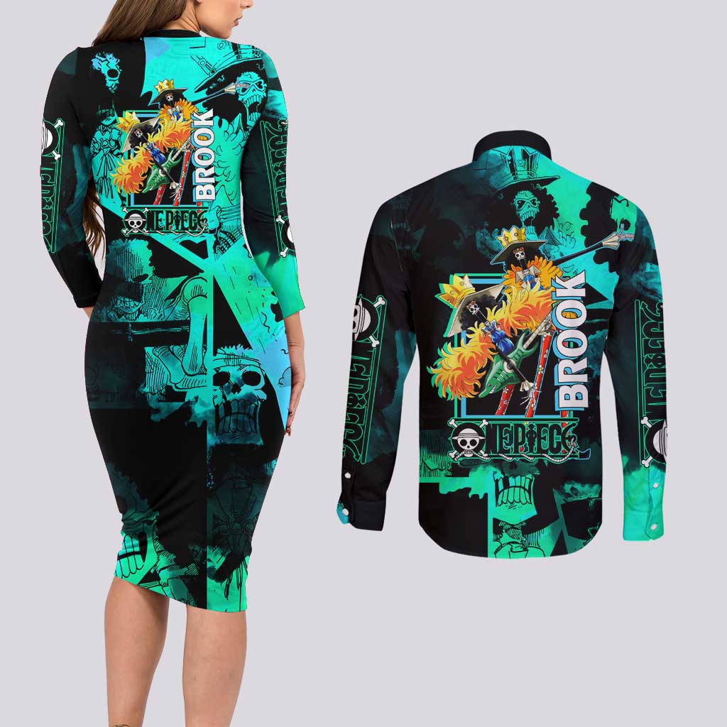 Brook One Piece Green and Black Theme Couples Matching Long Sleeve Bodycon Dress and Long Sleeve Button Shirt with Soul King Guitar and Skeleton Jolly Roger Design - The Mazicc