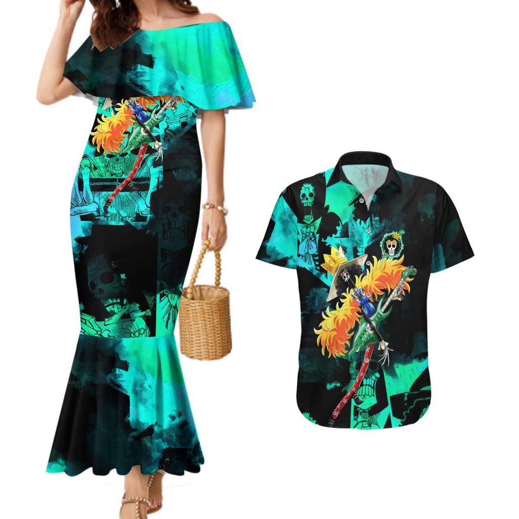 Brook One Piece Green and Black Theme Couples Matching Mermaid Dress and Hawaiian Shirt with Soul King Guitar and Skeleton Jolly Roger Design - The Mazicc