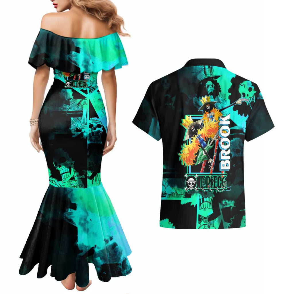 Brook One Piece Green and Black Theme Couples Matching Mermaid Dress and Hawaiian Shirt with Soul King Guitar and Skeleton Jolly Roger Design - The Mazicc