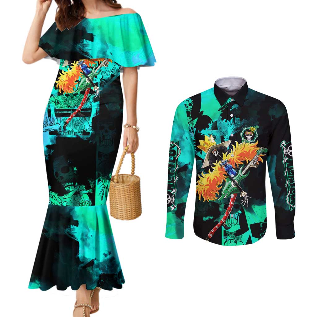 Brook One Piece Green and Black Theme Couples Matching Mermaid Dress and Long Sleeve Button Shirt with Soul King Guitar and Skeleton Jolly Roger Design - The Mazicc