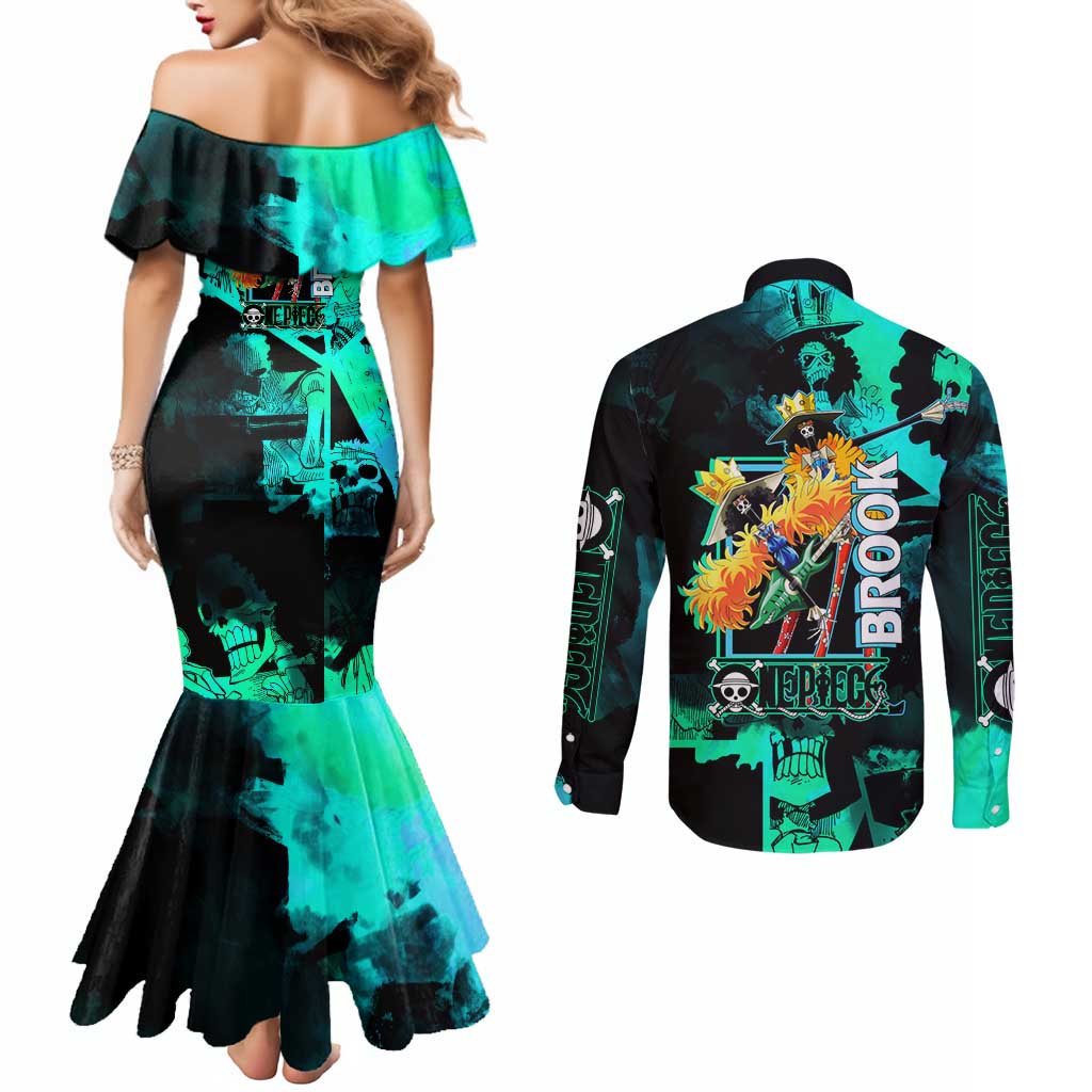 Brook One Piece Green and Black Theme Couples Matching Mermaid Dress and Long Sleeve Button Shirt with Soul King Guitar and Skeleton Jolly Roger Design - The Mazicc