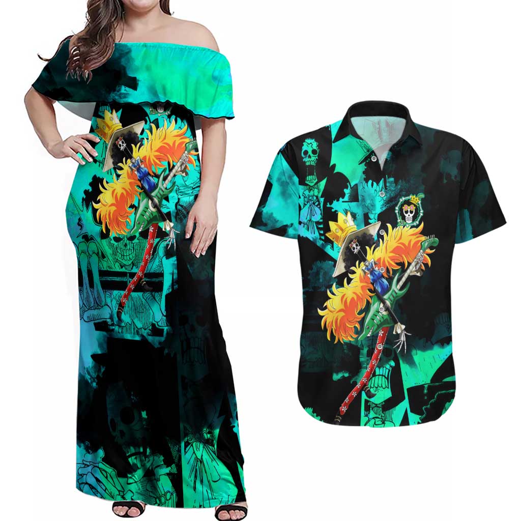 Brook One Piece Green and Black Theme Couples Matching Off Shoulder Maxi Dress and Hawaiian Shirt with Soul King Guitar and Skeleton Jolly Roger Design - The Mazicc