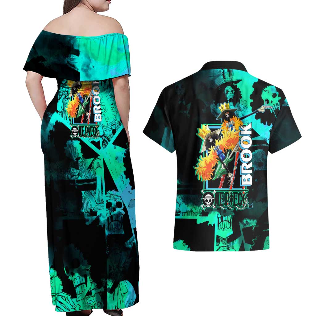 Brook One Piece Green and Black Theme Couples Matching Off Shoulder Maxi Dress and Hawaiian Shirt with Soul King Guitar and Skeleton Jolly Roger Design - The Mazicc