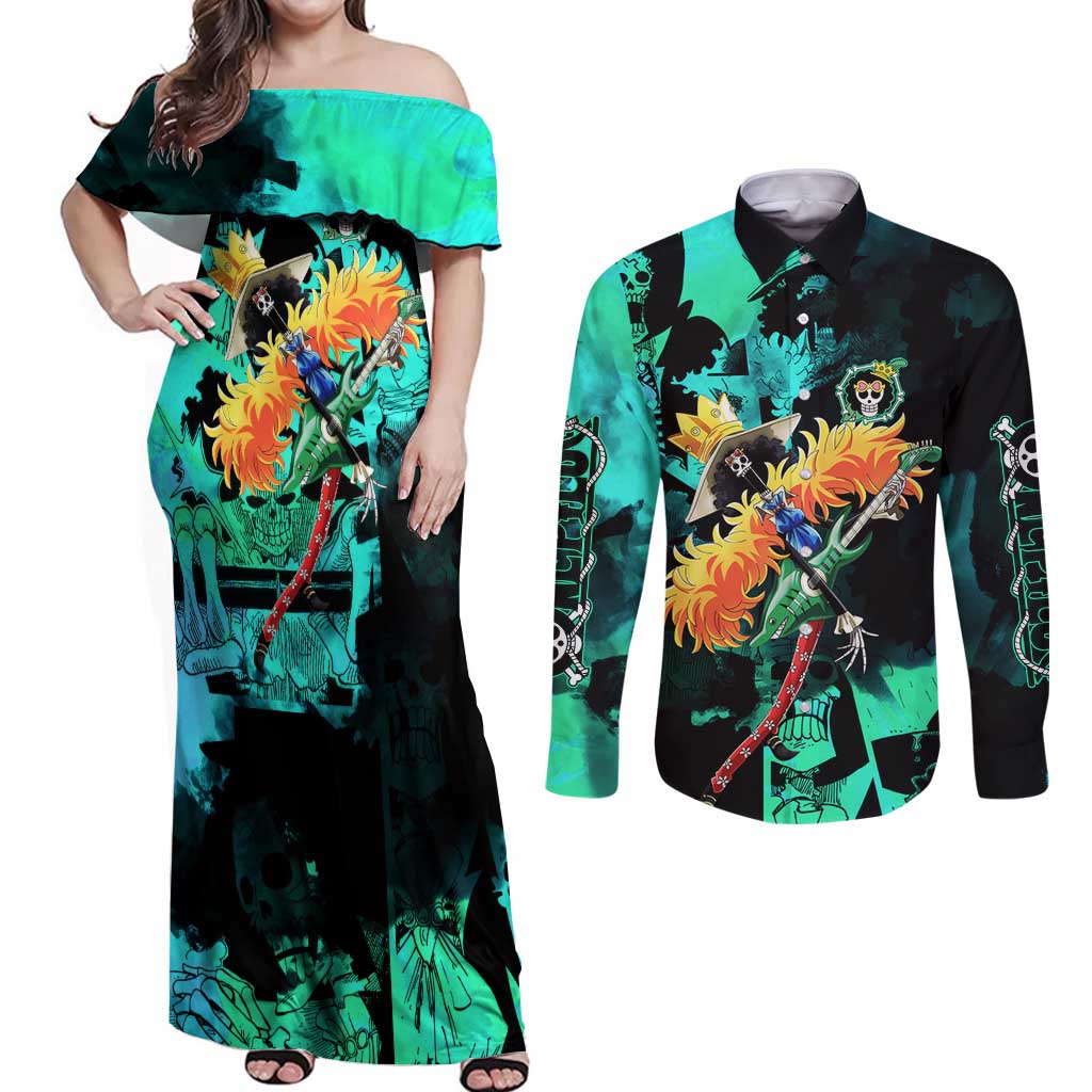Brook One Piece Green and Black Theme Couples Matching Off Shoulder Maxi Dress and Long Sleeve Button Shirt with Soul King Guitar and Skeleton Jolly Roger Design - The Mazicc