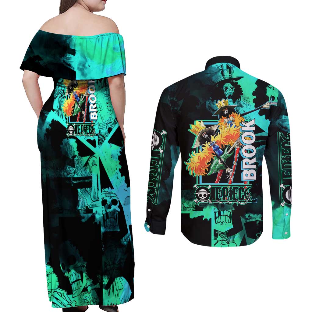 Brook One Piece Green and Black Theme Couples Matching Off Shoulder Maxi Dress and Long Sleeve Button Shirt with Soul King Guitar and Skeleton Jolly Roger Design - The Mazicc