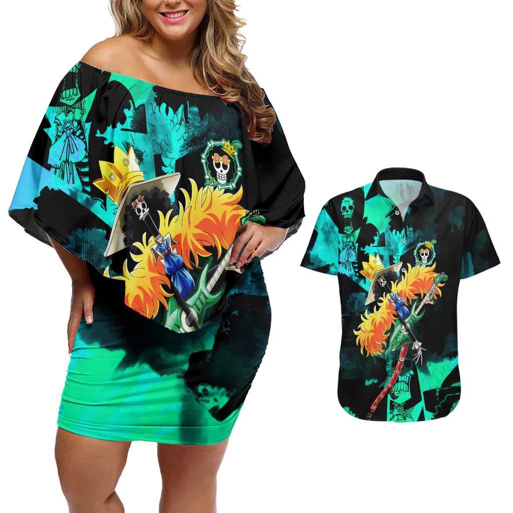 Brook One Piece Green and Black Theme Couples Matching Off Shoulder Short Dress and Hawaiian Shirt with Soul King Guitar and Skeleton Jolly Roger Design - The Mazicc