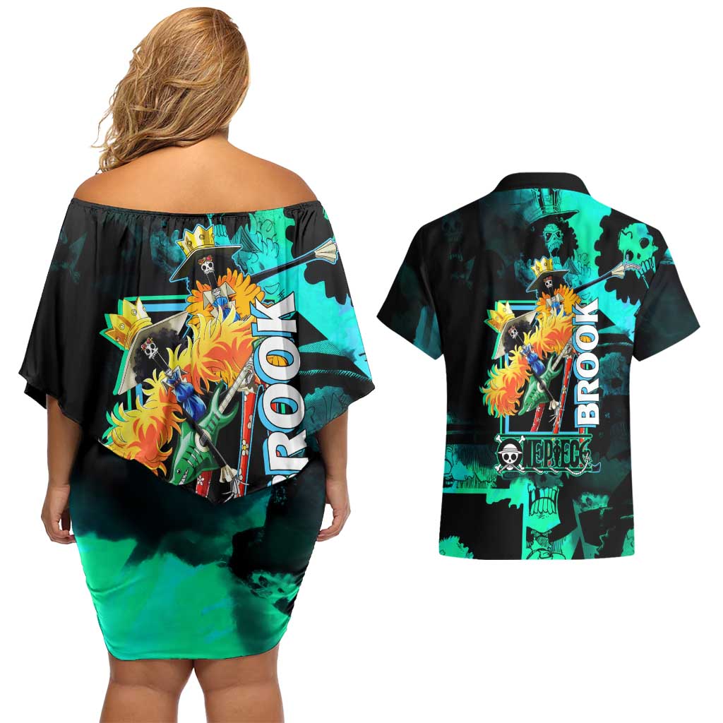 Brook One Piece Green and Black Theme Couples Matching Off Shoulder Short Dress and Hawaiian Shirt with Soul King Guitar and Skeleton Jolly Roger Design - The Mazicc