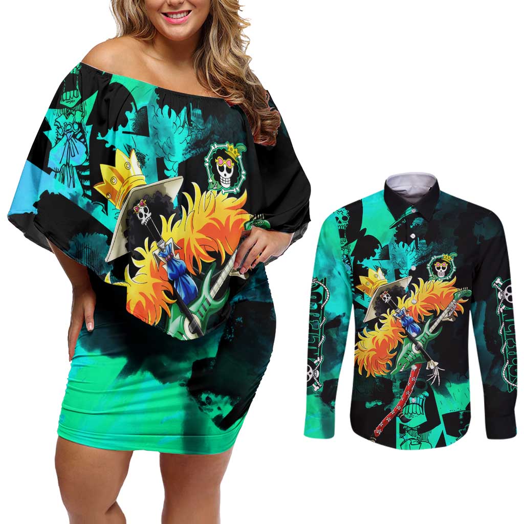 Brook One Piece Green and Black Theme Couples Matching Off Shoulder Short Dress and Long Sleeve Button Shirt with Soul King Guitar and Skeleton Jolly Roger Design - The Mazicc