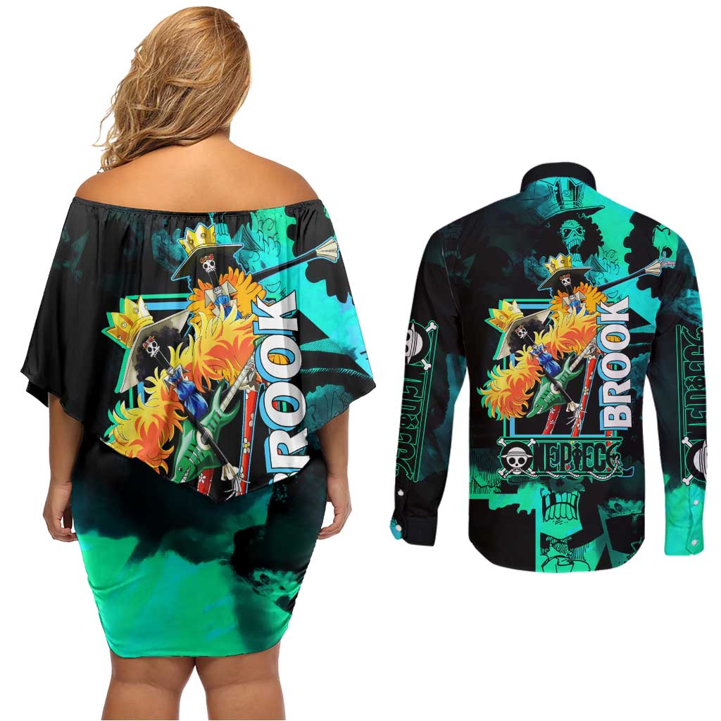 Brook One Piece Green and Black Theme Couples Matching Off Shoulder Short Dress and Long Sleeve Button Shirt with Soul King Guitar and Skeleton Jolly Roger Design - The Mazicc