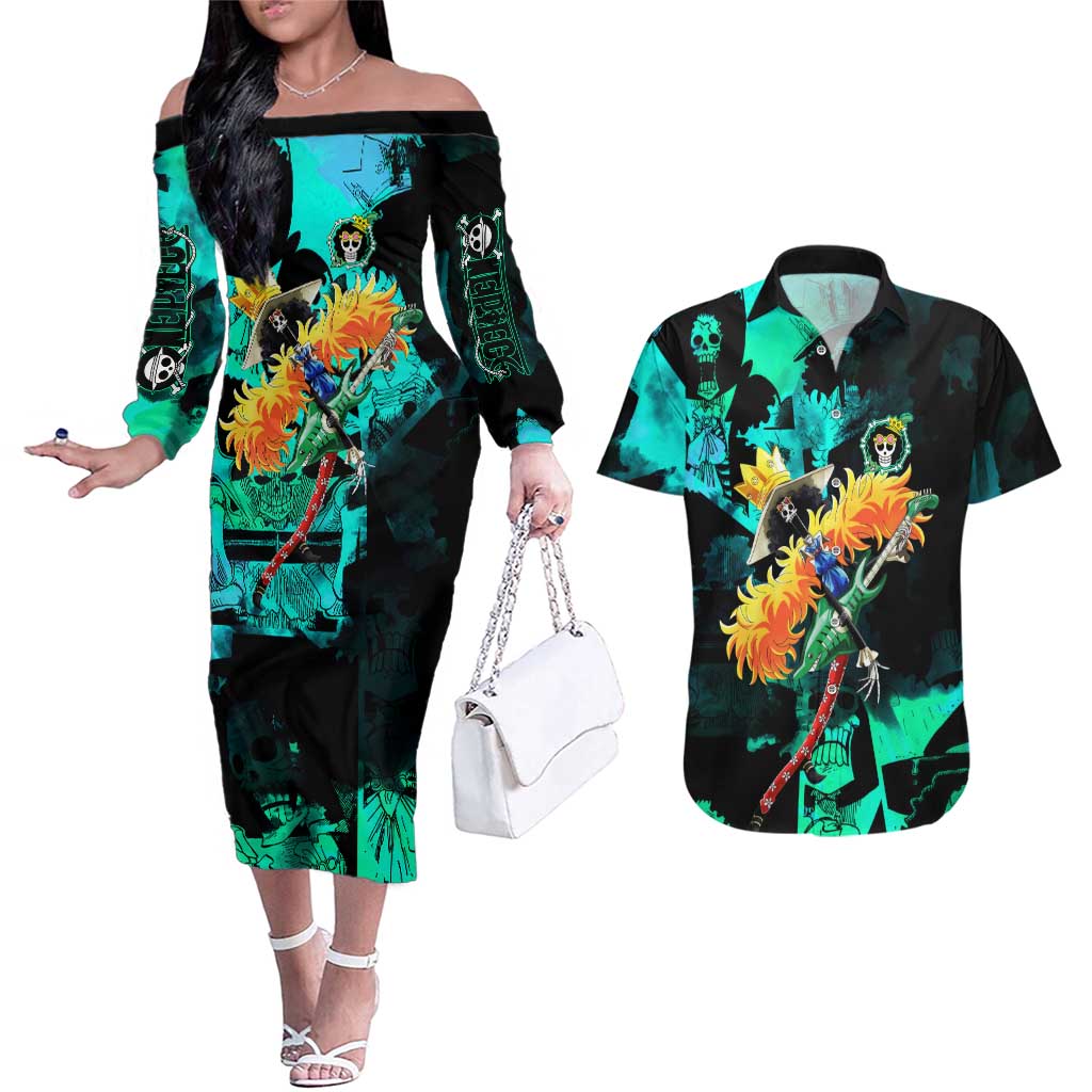 Brook One Piece Green and Black Theme Couples Matching Off The Shoulder Long Sleeve Dress and Hawaiian Shirt with Soul King Guitar and Skeleton Jolly Roger Design - The Mazicc