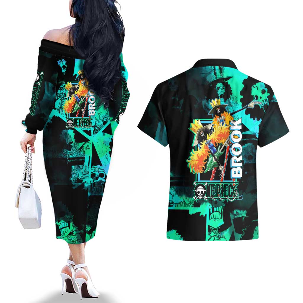 Brook One Piece Green and Black Theme Couples Matching Off The Shoulder Long Sleeve Dress and Hawaiian Shirt with Soul King Guitar and Skeleton Jolly Roger Design - The Mazicc