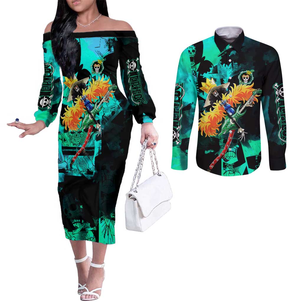 Brook One Piece Green and Black Theme Couples Matching Off The Shoulder Long Sleeve Dress and Long Sleeve Button Shirt with Soul King Guitar and Skeleton Jolly Roger Design - The Mazicc