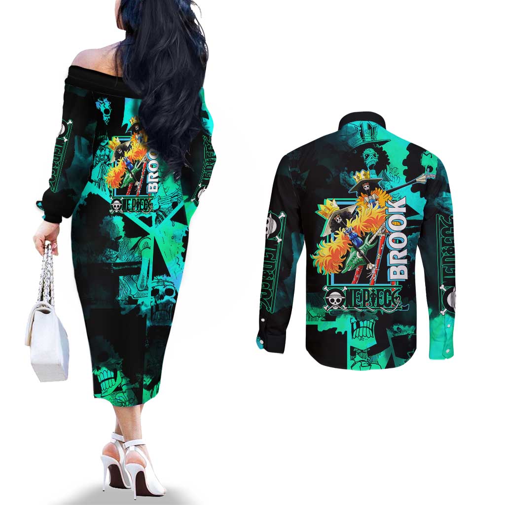 Brook One Piece Green and Black Theme Couples Matching Off The Shoulder Long Sleeve Dress and Long Sleeve Button Shirt with Soul King Guitar and Skeleton Jolly Roger Design - The Mazicc