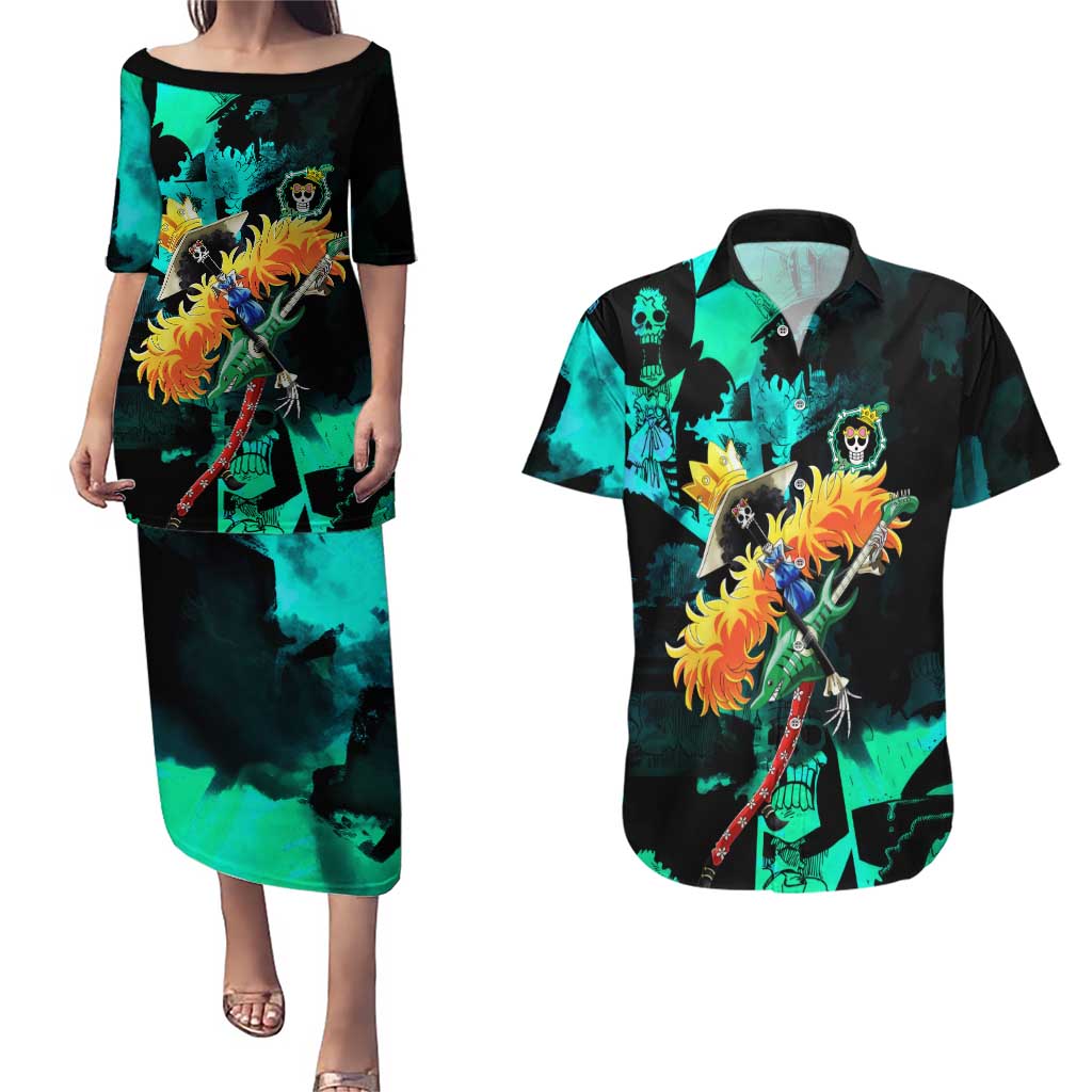 Brook One Piece Green and Black Theme Couples Matching Puletasi and Hawaiian Shirt with Soul King Guitar and Skeleton Jolly Roger Design - The Mazicc