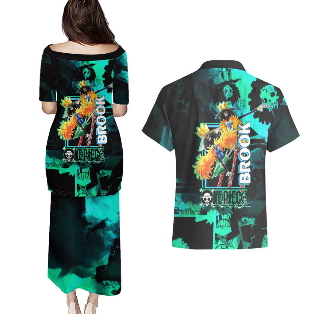Brook One Piece Green and Black Theme Couples Matching Puletasi and Hawaiian Shirt with Soul King Guitar and Skeleton Jolly Roger Design - The Mazicc