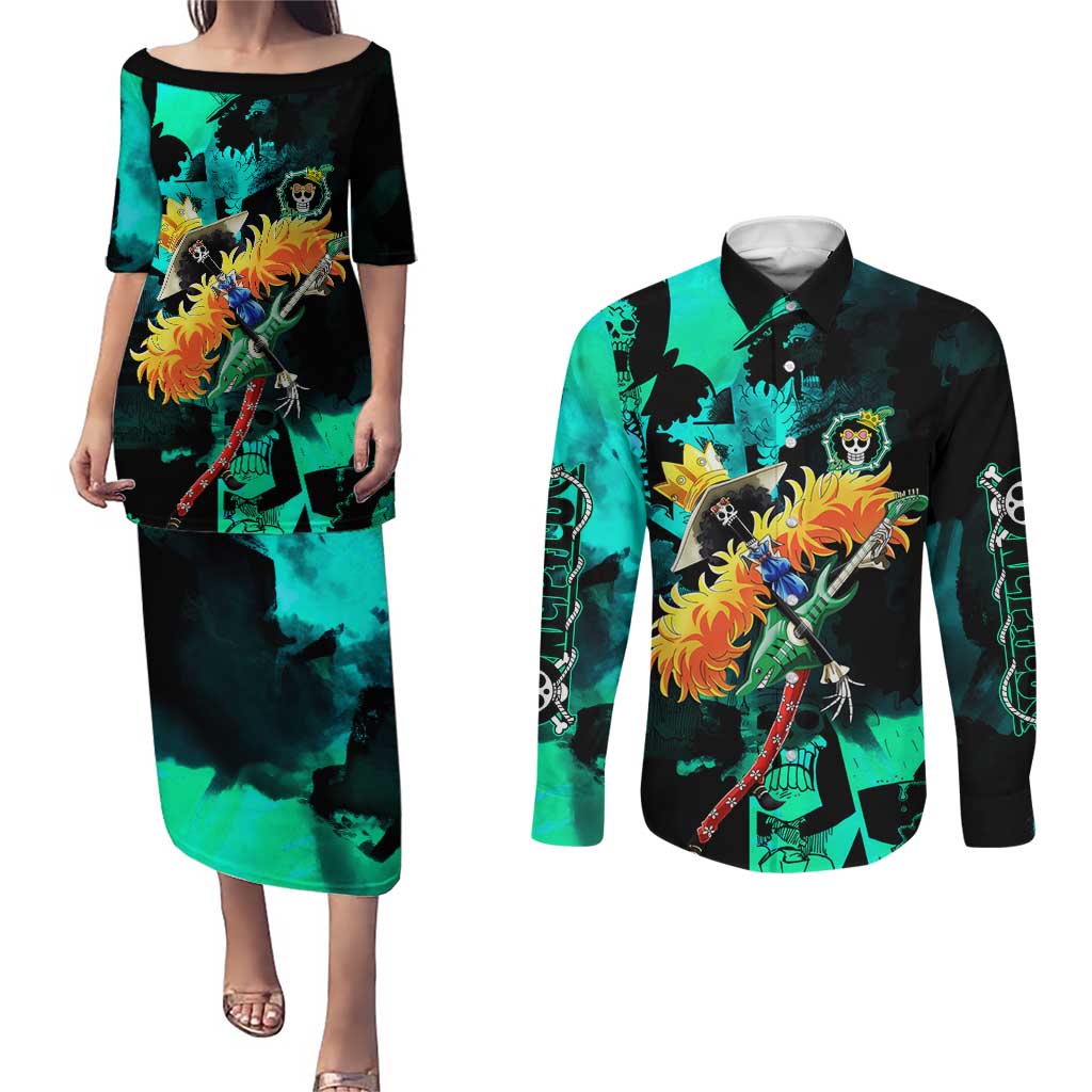 Brook One Piece Green and Black Theme Couples Matching Puletasi and Long Sleeve Button Shirt with Soul King Guitar and Skeleton Jolly Roger Design - The Mazicc