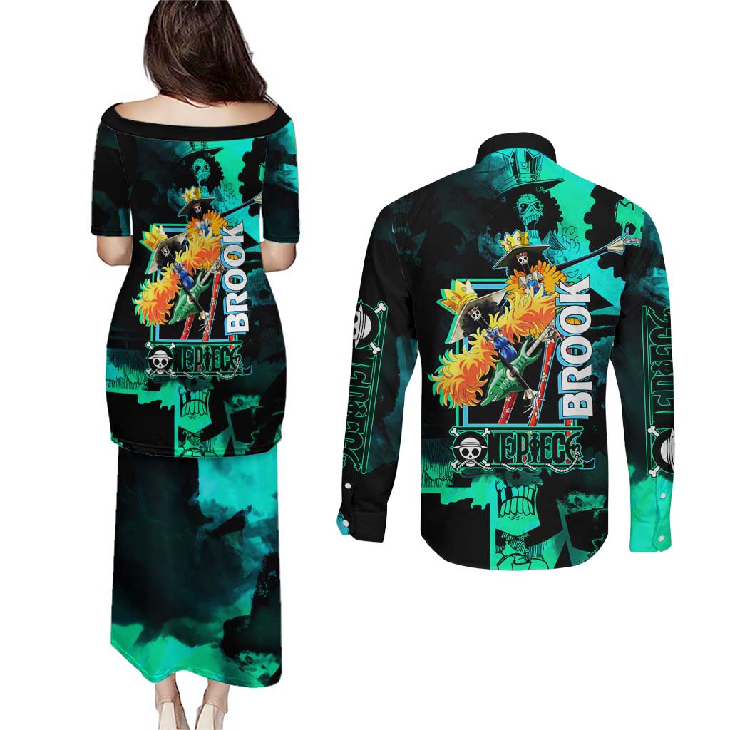 Brook One Piece Green and Black Theme Couples Matching Puletasi and Long Sleeve Button Shirt with Soul King Guitar and Skeleton Jolly Roger Design - The Mazicc
