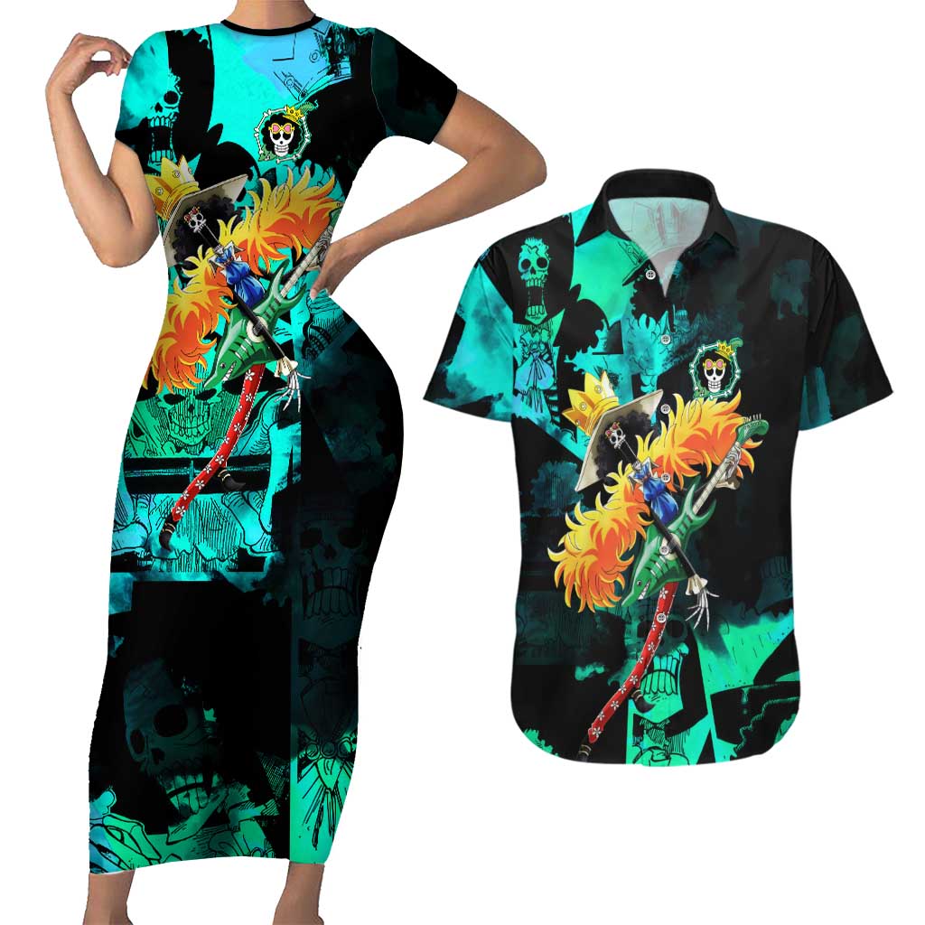 Brook One Piece Green and Black Theme Couples Matching Short Sleeve Bodycon Dress and Hawaiian Shirt with Soul King Guitar and Skeleton Jolly Roger Design - The Mazicc