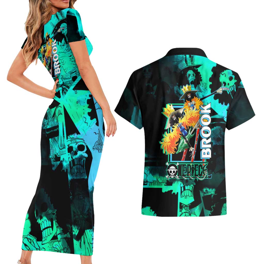 Brook One Piece Green and Black Theme Couples Matching Short Sleeve Bodycon Dress and Hawaiian Shirt with Soul King Guitar and Skeleton Jolly Roger Design - The Mazicc
