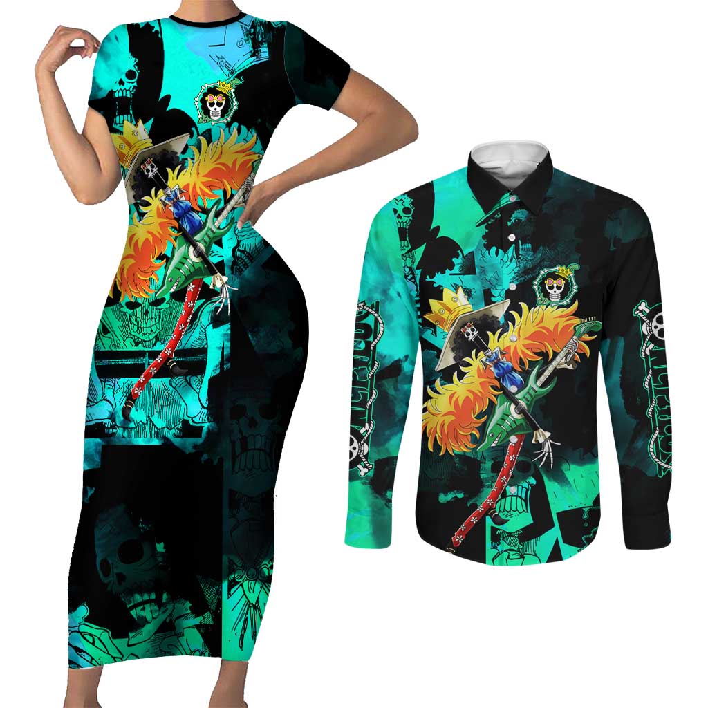Brook One Piece Green and Black Theme Couples Matching Short Sleeve Bodycon Dress and Long Sleeve Button Shirt with Soul King Guitar and Skeleton Jolly Roger Design - The Mazicc