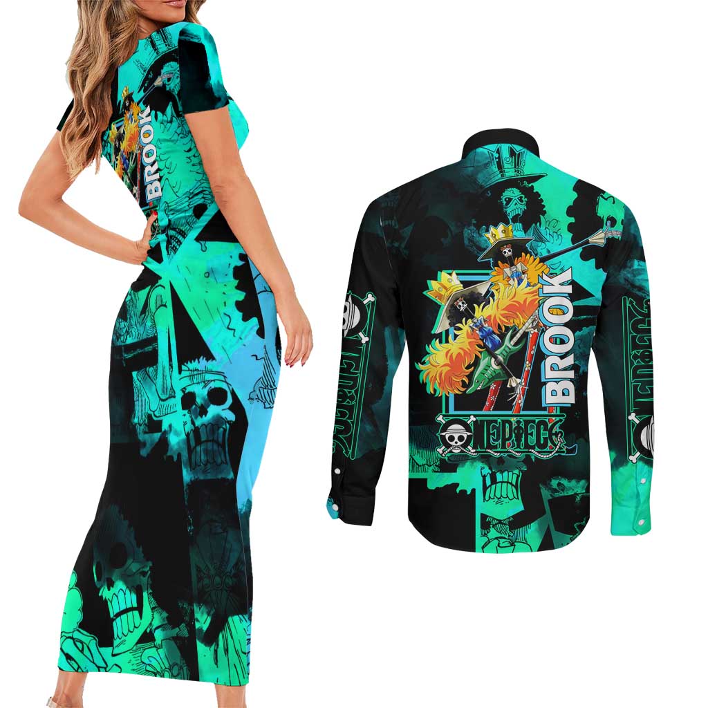 Brook One Piece Green and Black Theme Couples Matching Short Sleeve Bodycon Dress and Long Sleeve Button Shirt with Soul King Guitar and Skeleton Jolly Roger Design - The Mazicc