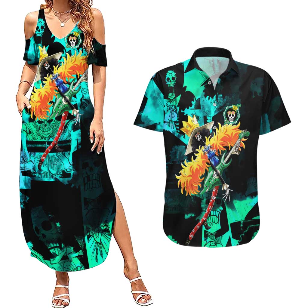 Brook One Piece Green and Black Theme Couples Matching Summer Maxi Dress and Hawaiian Shirt with Soul King Guitar and Skeleton Jolly Roger Design - The Mazicc