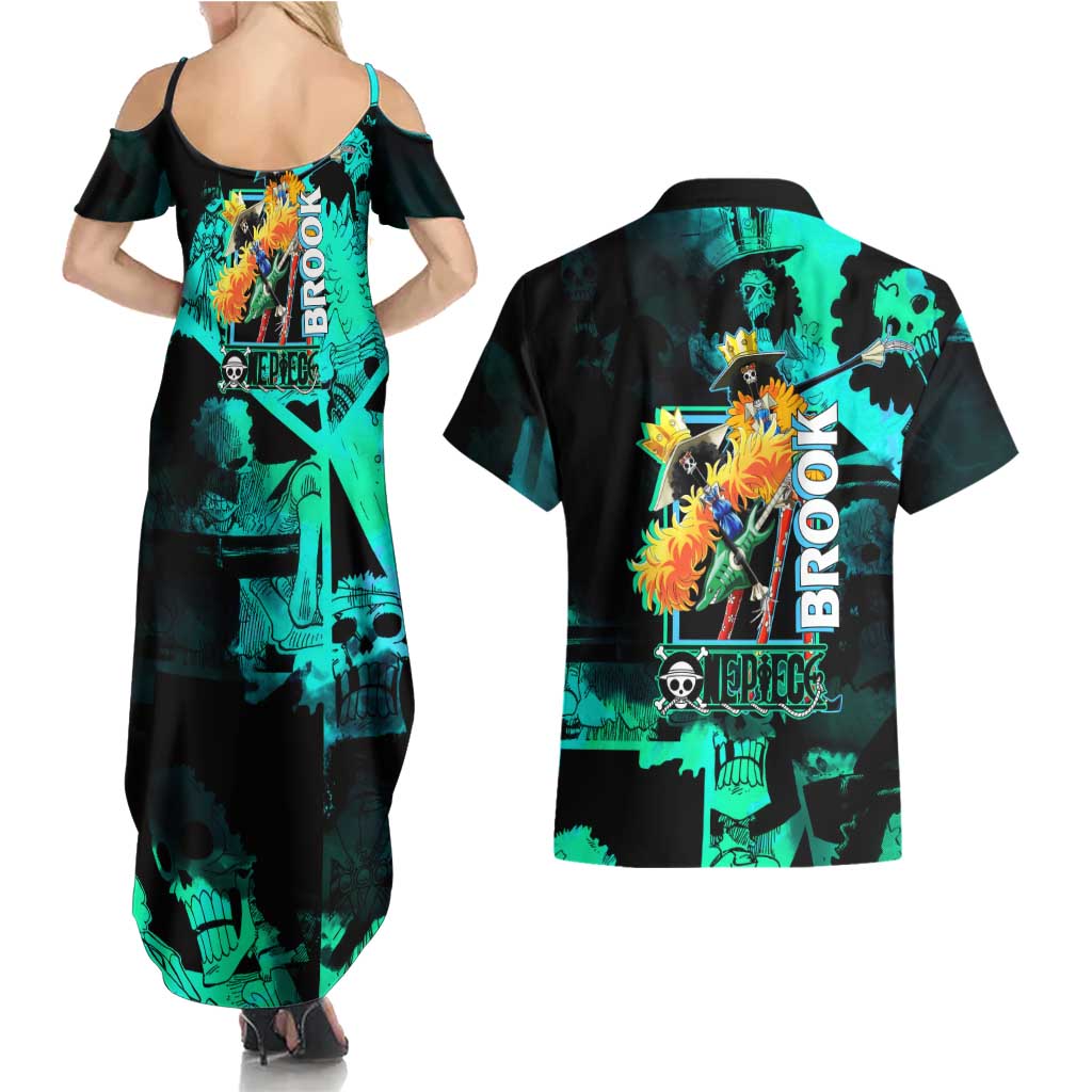 Brook One Piece Green and Black Theme Couples Matching Summer Maxi Dress and Hawaiian Shirt with Soul King Guitar and Skeleton Jolly Roger Design - The Mazicc