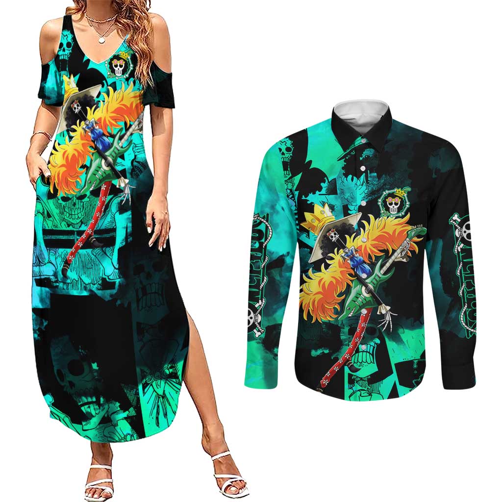 Brook One Piece Green and Black Theme Couples Matching Summer Maxi Dress and Long Sleeve Button Shirt with Soul King Guitar and Skeleton Jolly Roger Design - The Mazicc