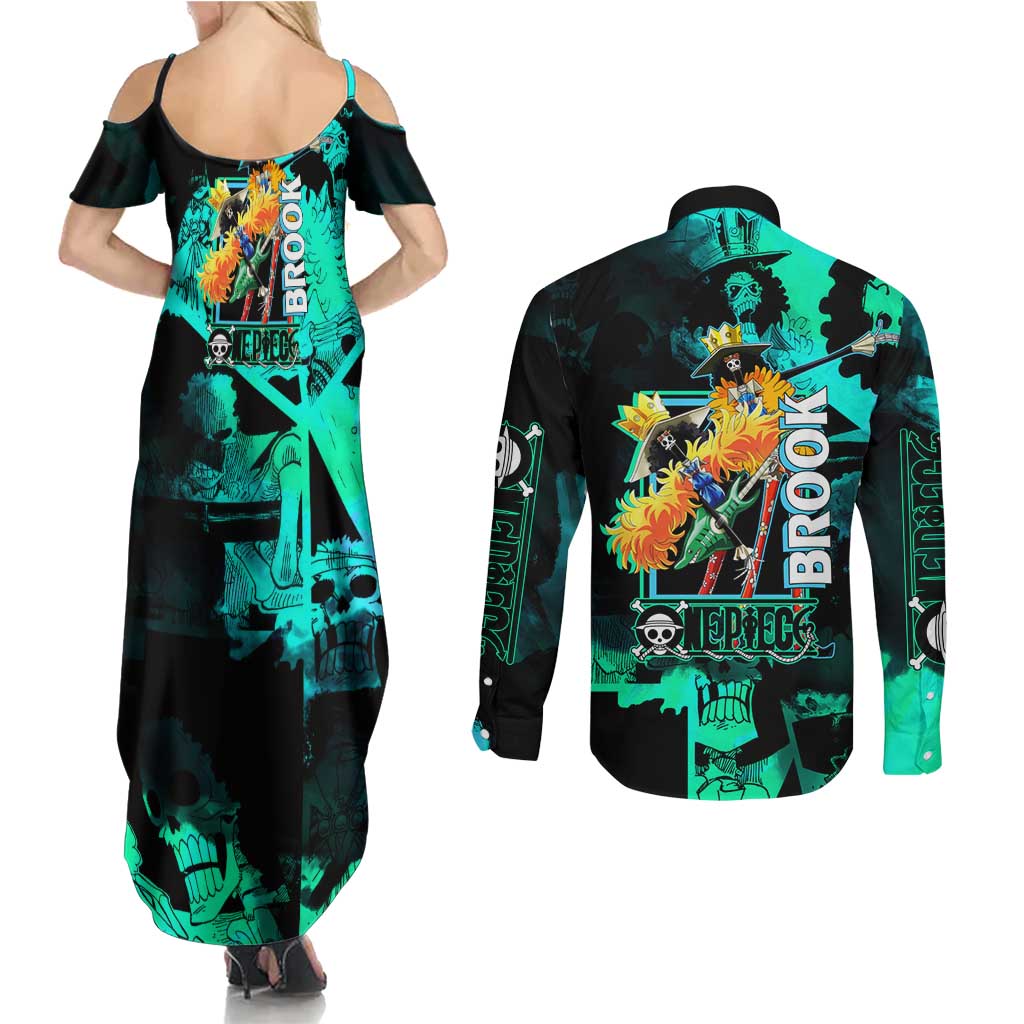 Brook One Piece Green and Black Theme Couples Matching Summer Maxi Dress and Long Sleeve Button Shirt with Soul King Guitar and Skeleton Jolly Roger Design - The Mazicc