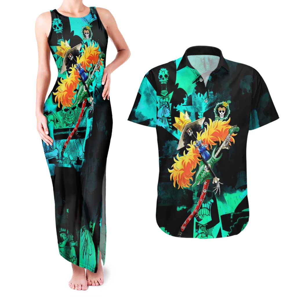 Brook One Piece Green and Black Theme Couples Matching Tank Maxi Dress and Hawaiian Shirt with Soul King Guitar and Skeleton Jolly Roger Design - The Mazicc