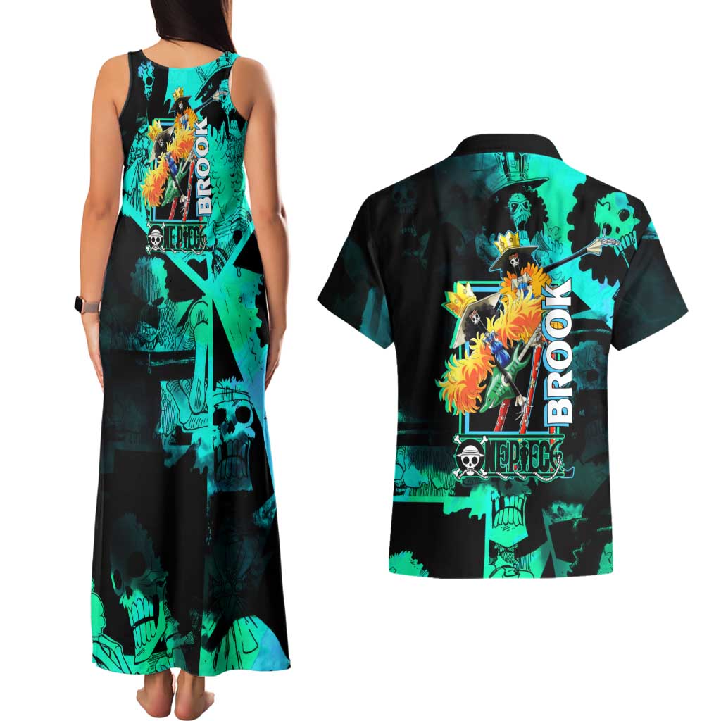 Brook One Piece Green and Black Theme Couples Matching Tank Maxi Dress and Hawaiian Shirt with Soul King Guitar and Skeleton Jolly Roger Design - The Mazicc