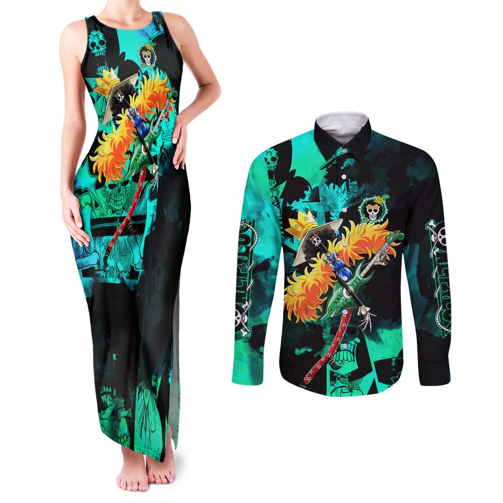 Brook One Piece Green and Black Theme Couples Matching Tank Maxi Dress and Long Sleeve Button Shirt with Soul King Guitar and Skeleton Jolly Roger Design - The Mazicc