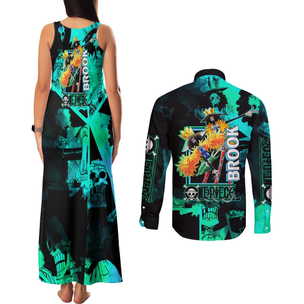 Brook One Piece Green and Black Theme Couples Matching Tank Maxi Dress and Long Sleeve Button Shirt with Soul King Guitar and Skeleton Jolly Roger Design - The Mazicc