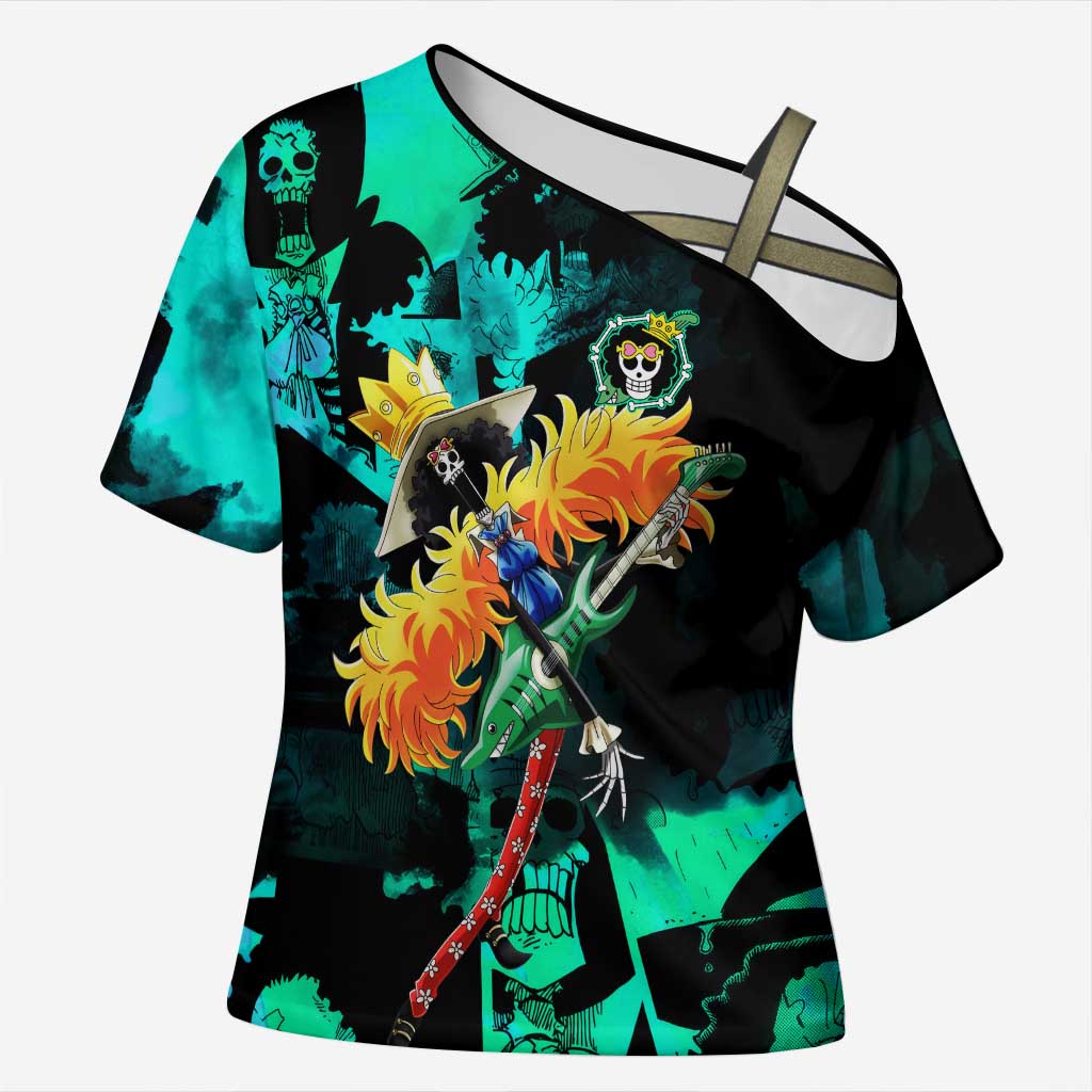Brook One Piece Green and Black Theme Cross Shoulder Shirt with Soul King Guitar and Skeleton Jolly Roger Design - The Mazicc