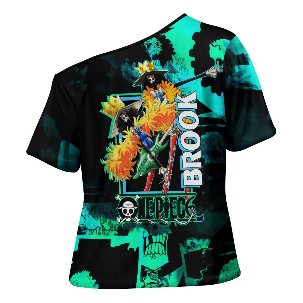 Brook One Piece Green and Black Theme Cross Shoulder Shirt with Soul King Guitar and Skeleton Jolly Roger Design - The Mazicc