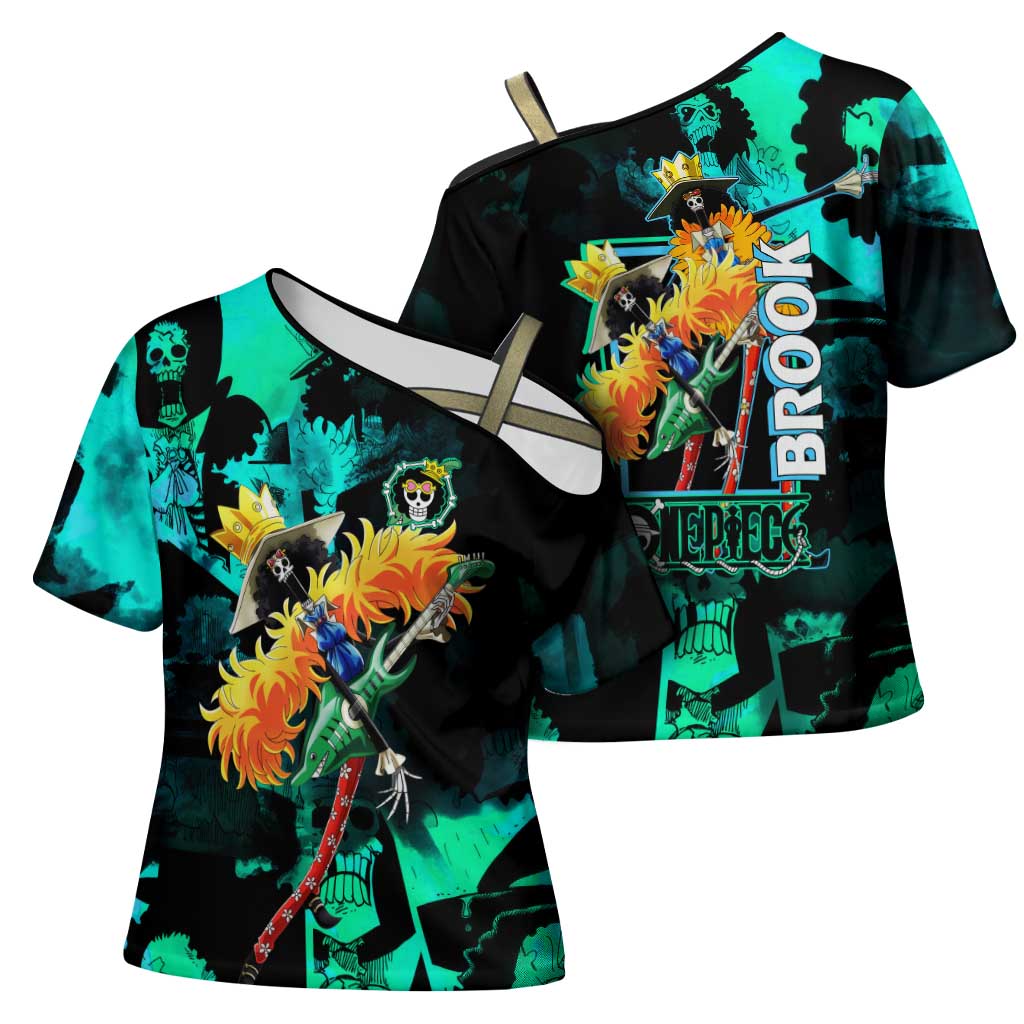 Brook One Piece Green and Black Theme Cross Shoulder Shirt with Soul King Guitar and Skeleton Jolly Roger Design - The Mazicc