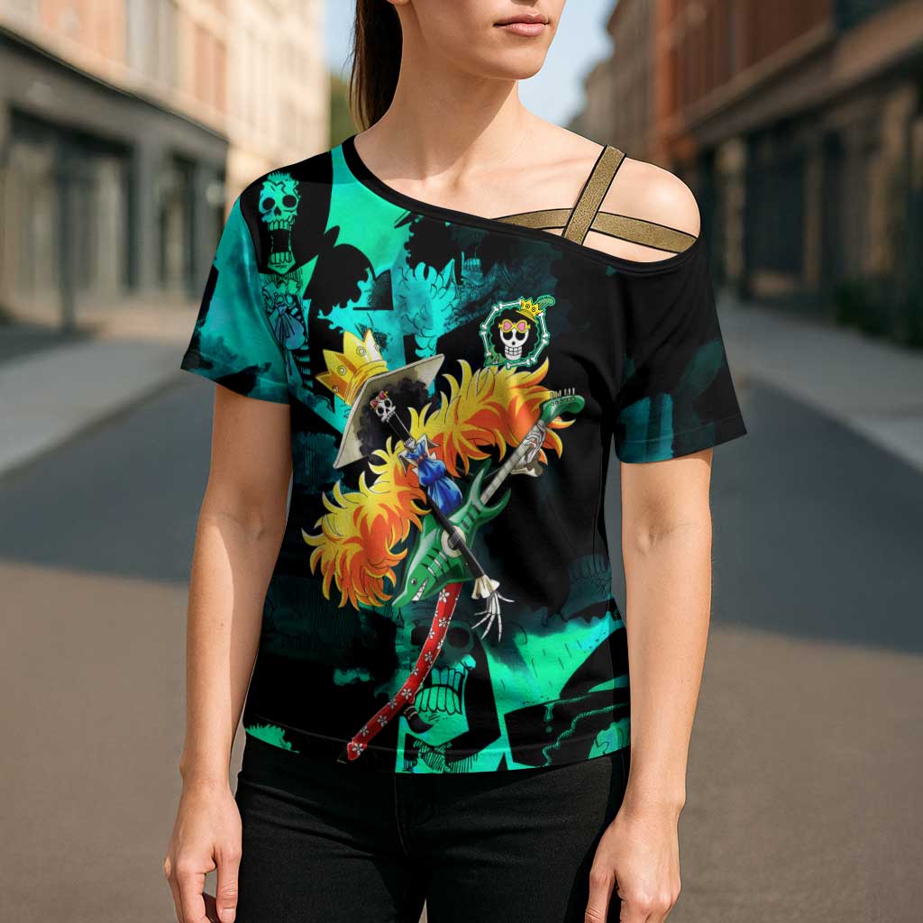 Brook One Piece Green and Black Theme Cross Shoulder Shirt with Soul King Guitar and Skeleton Jolly Roger Design - The Mazicc