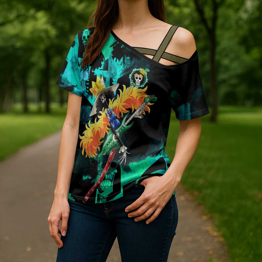 Brook One Piece Green and Black Theme Cross Shoulder Shirt with Soul King Guitar and Skeleton Jolly Roger Design - The Mazicc