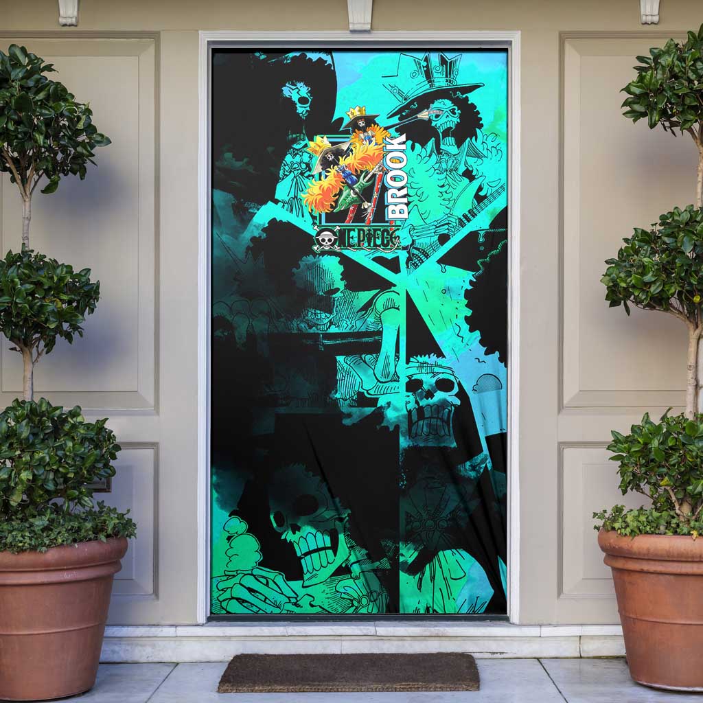 Brook One Piece Green and Black Theme Door Cover with Soul King Guitar and Skeleton Jolly Roger Design - The Mazicc