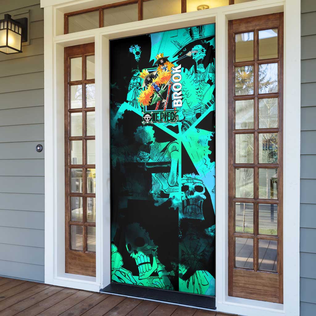 Brook One Piece Green and Black Theme Door Cover with Soul King Guitar and Skeleton Jolly Roger Design - The Mazicc