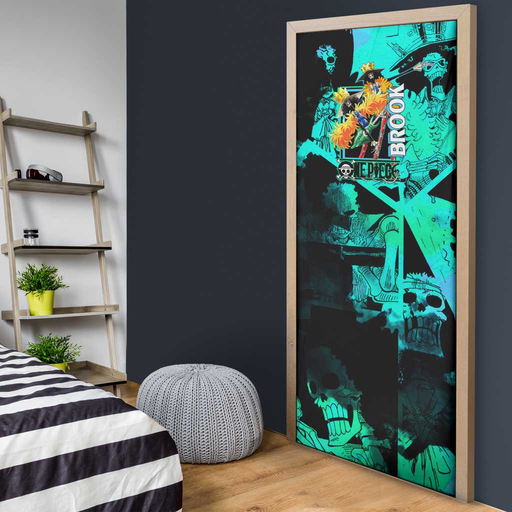 Brook One Piece Green and Black Theme Door Cover with Soul King Guitar and Skeleton Jolly Roger Design - The Mazicc