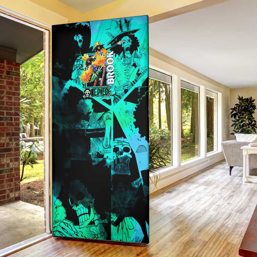 Brook One Piece Green and Black Theme Door Cover with Soul King Guitar and Skeleton Jolly Roger Design - The Mazicc