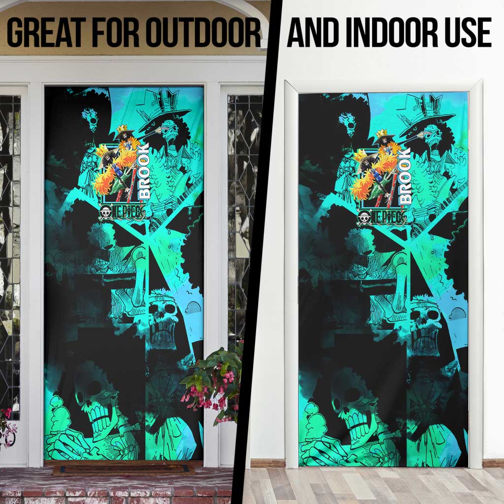 Brook One Piece Green and Black Theme Door Cover with Soul King Guitar and Skeleton Jolly Roger Design - The Mazicc