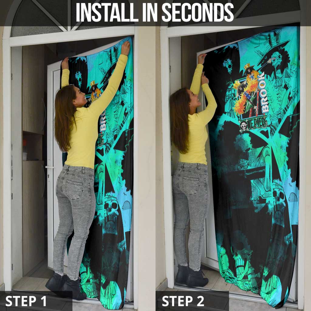 Brook One Piece Green and Black Theme Door Cover with Soul King Guitar and Skeleton Jolly Roger Design - The Mazicc