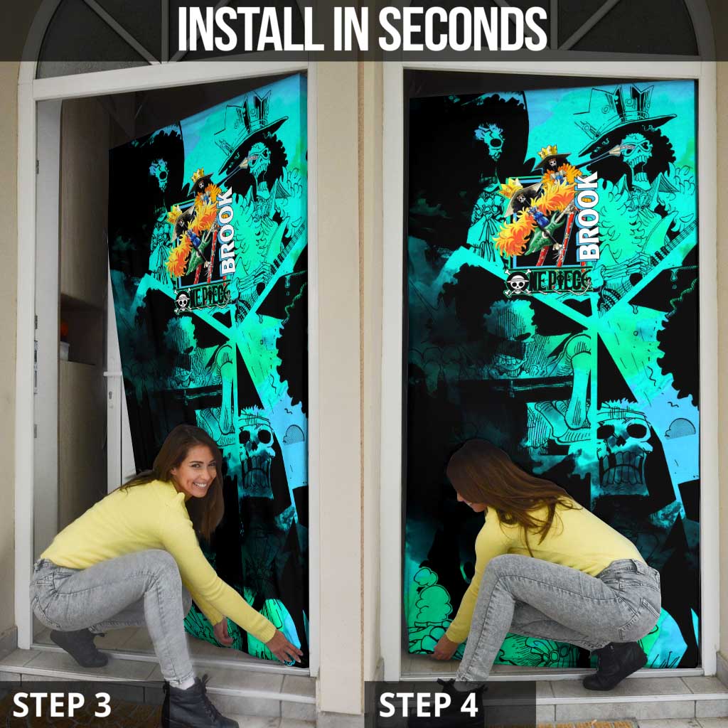 Brook One Piece Green and Black Theme Door Cover with Soul King Guitar and Skeleton Jolly Roger Design - The Mazicc