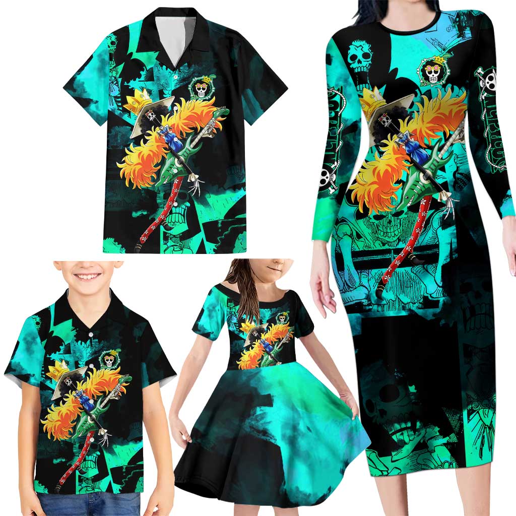 Brook One Piece Green and Black Theme Family Matching Long Sleeve Bodycon Dress and Hawaiian Shirt with Soul King Guitar and Skeleton Jolly Roger Design