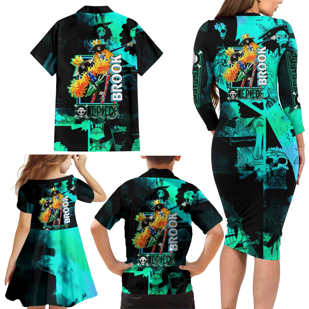 Brook One Piece Green and Black Theme Family Matching Long Sleeve Bodycon Dress and Hawaiian Shirt with Soul King Guitar and Skeleton Jolly Roger Design