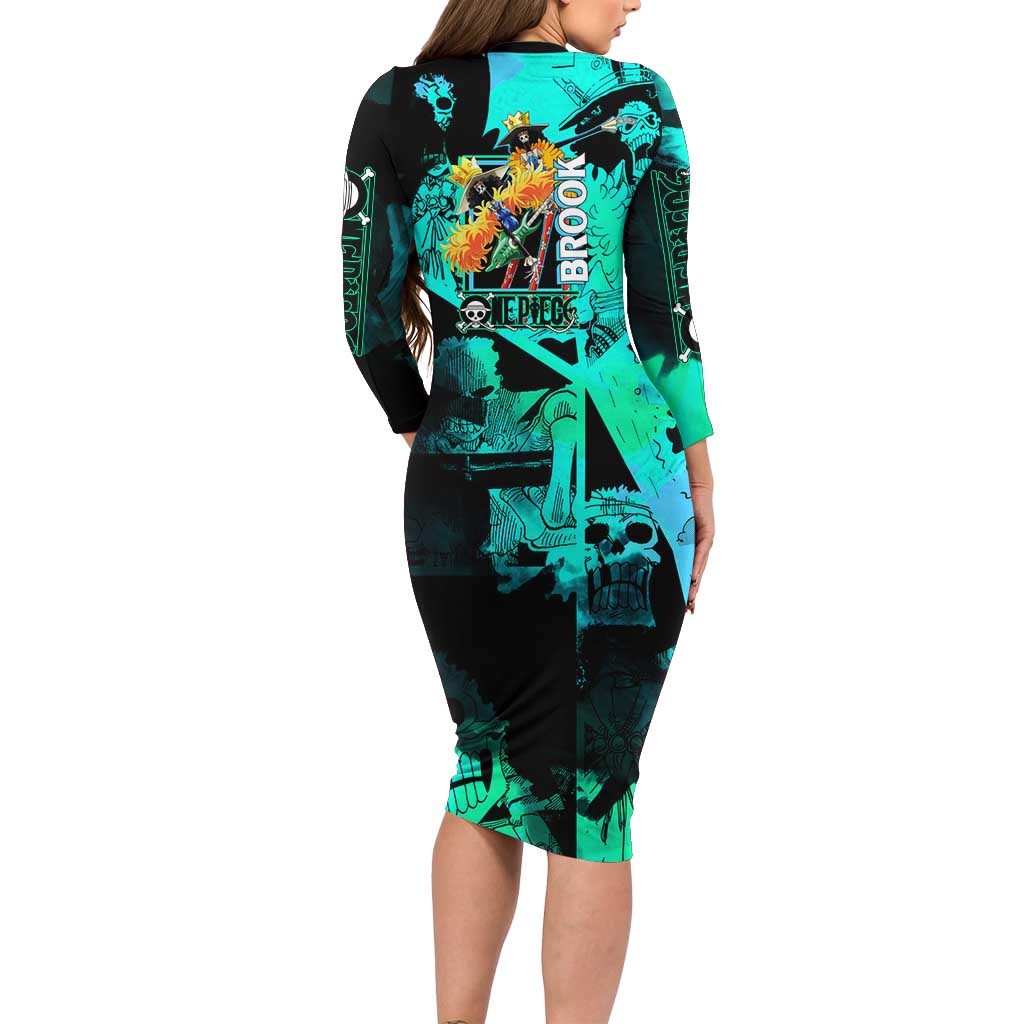 Brook One Piece Green and Black Theme Family Matching Long Sleeve Bodycon Dress and Hawaiian Shirt with Soul King Guitar and Skeleton Jolly Roger Design