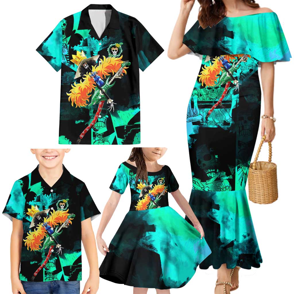 Brook One Piece Green and Black Theme Family Matching Mermaid Dress and Hawaiian Shirt with Soul King Guitar and Skeleton Jolly Roger Design