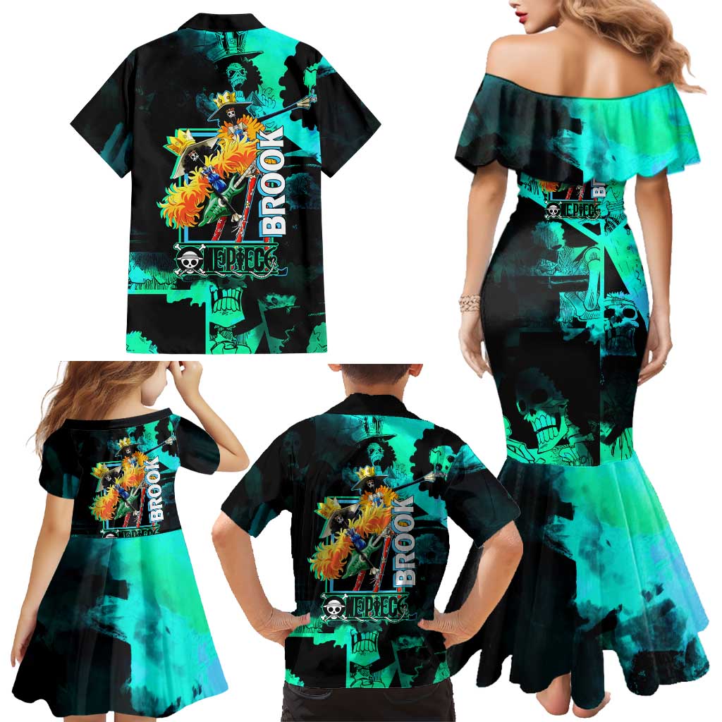 Brook One Piece Green and Black Theme Family Matching Mermaid Dress and Hawaiian Shirt with Soul King Guitar and Skeleton Jolly Roger Design